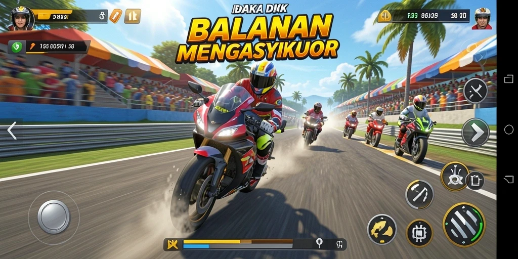 Tampilan gameplay yang mendebarkan dalam DKK dengan aksi balapan motor.