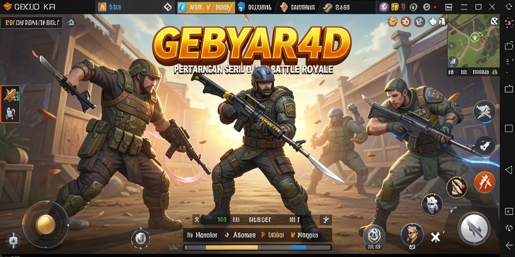 Tangkapan layar gameplay GEBYAR4D menampilkan aksi seru di medan perang Battle Royale.