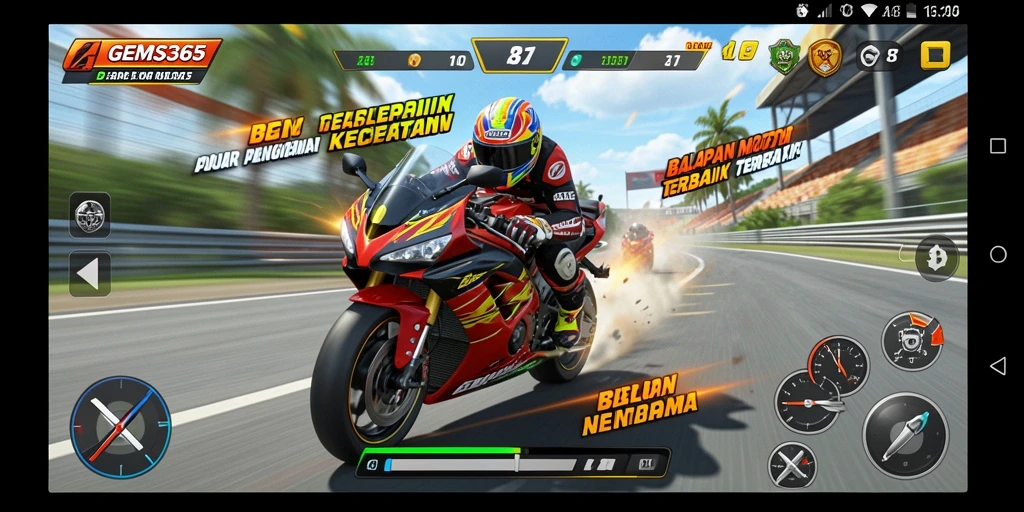 Tampilan gameplay GEMS365 saat balapan motor berlangsung dengan cepat dan mendebarkan.