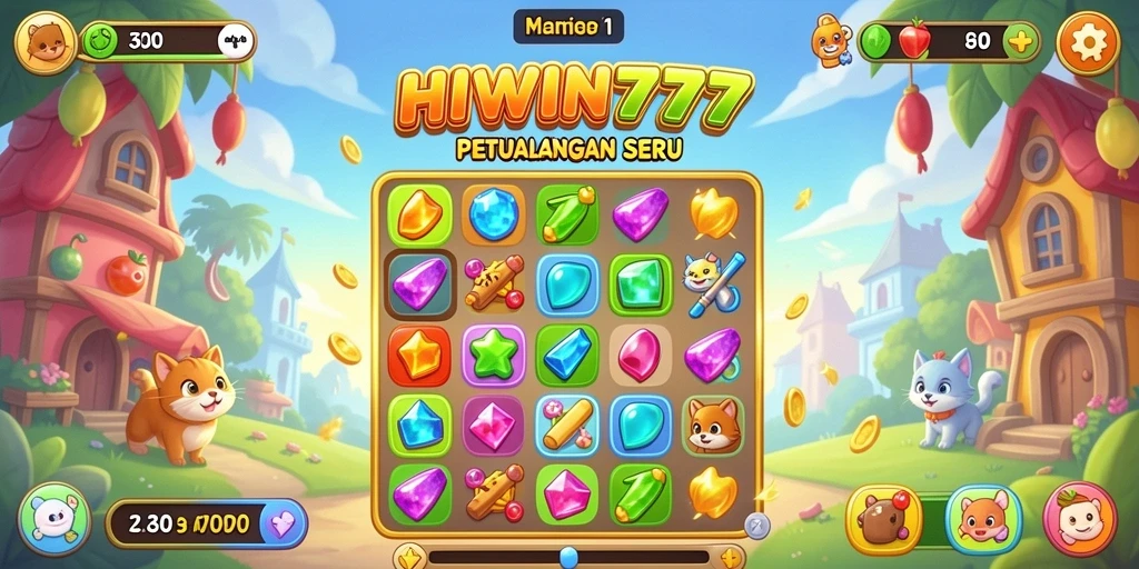 Tampilan menarik gameplay HIWIN777 dengan level Match-3 yang menantang.