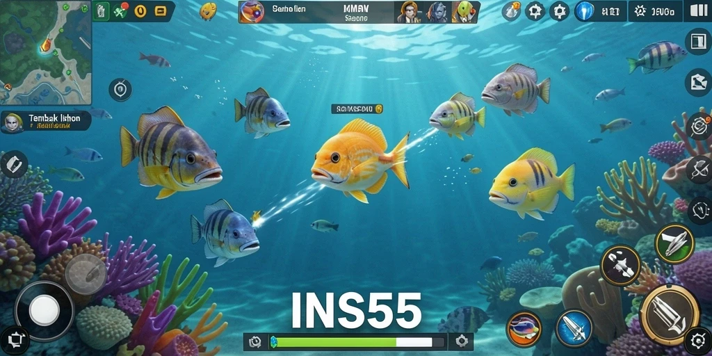 Tangkapan layar gameplay <strong>INS55</strong> yang memperlihatkan aksi tembak ikan yang mendebarkan.