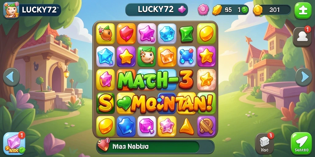 Tampilan gameplay Match-3 LUCKY72 yang penuh warna dan menarik.