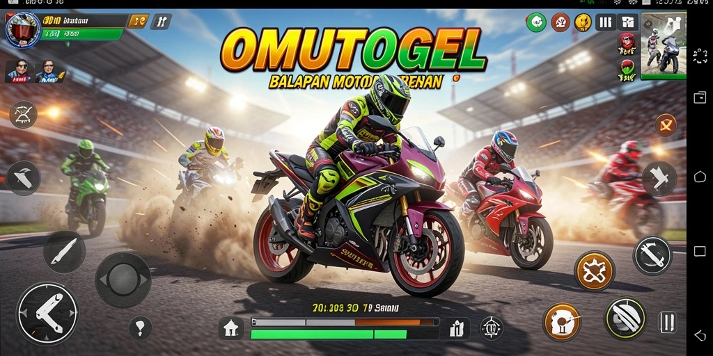 Gambar permainan dari <strong>OMUTOGEL</strong> yang menunjukkan balapan motor yang intens.