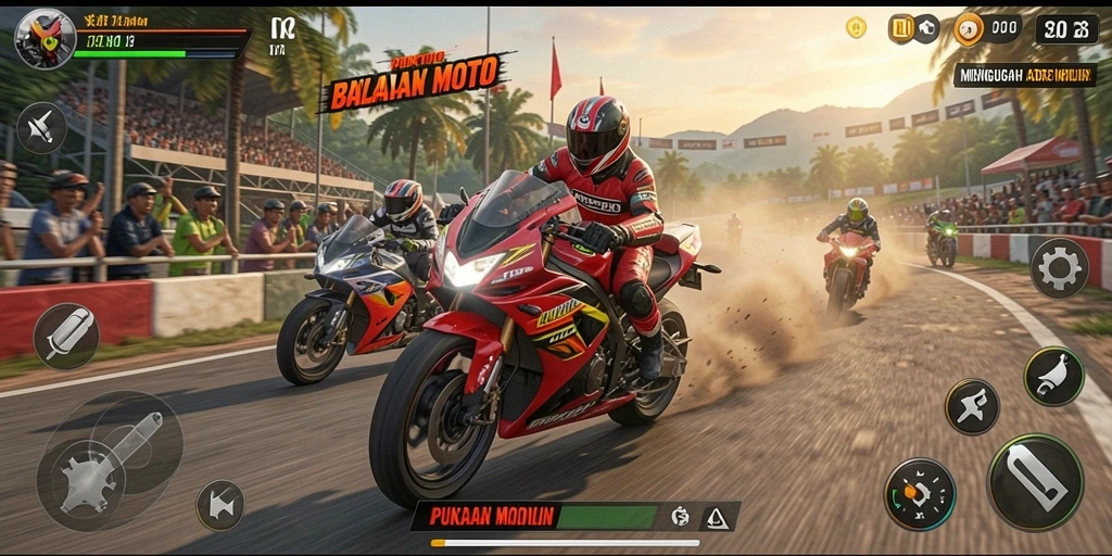 Screenshot dari PUNCAKTOTO menampilkan intensitas balapan motor yang mendebarkan.