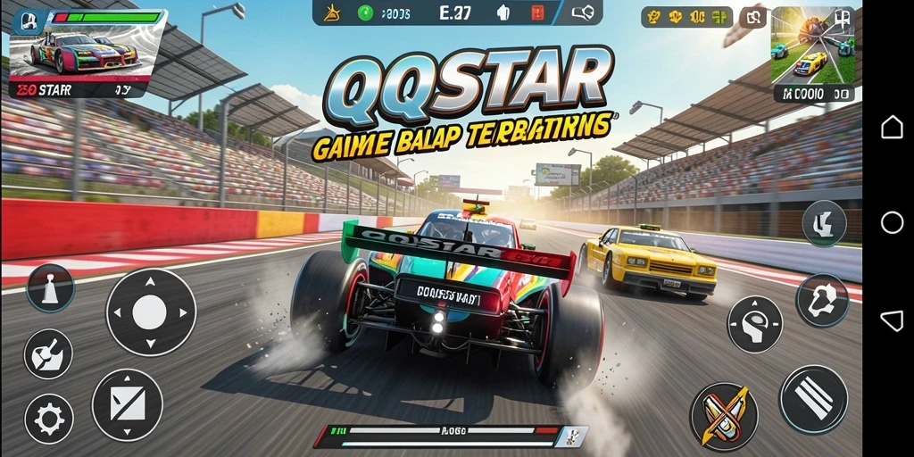 Screenshot utama QQSTAR menampilkan aksi balap yang mendebarkan.