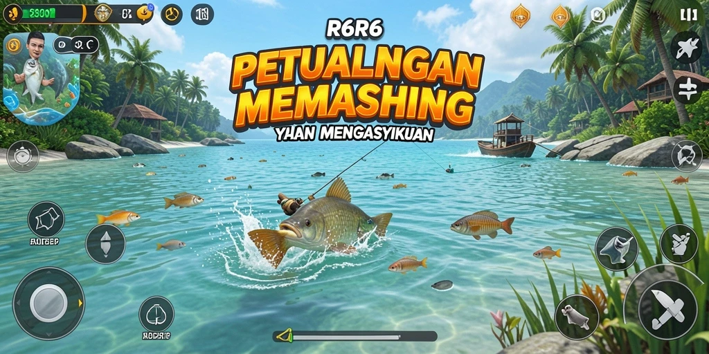 Tampilan gameplay R6R6 dengan aktivitas memancing yang menyenangkan.